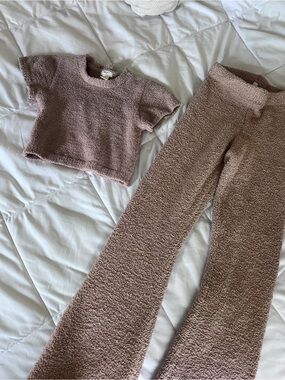 Cozy Taupe Plush Two-Piece Set - Crop Tee & Flared Pants